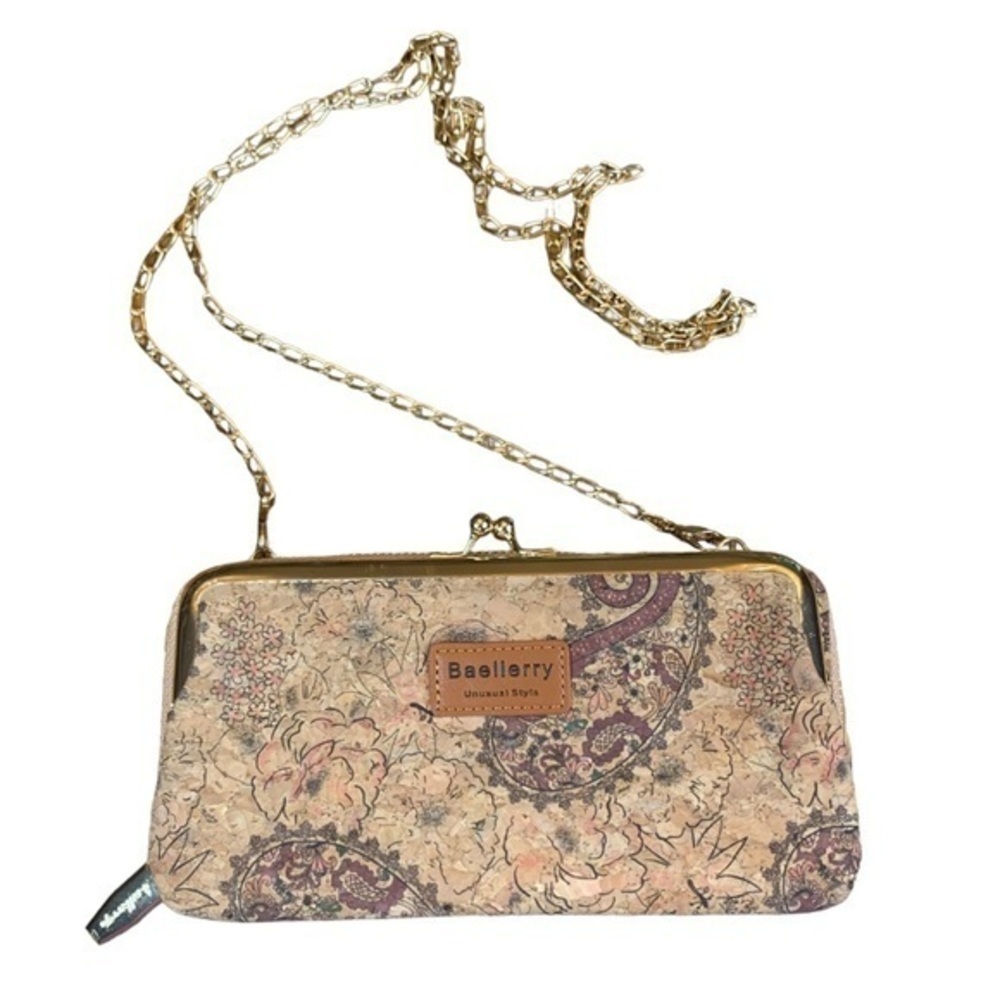 NEW Baellerry Wristlet Shoulder Bag Clutch Wallet Beige Paisley Faux Cork